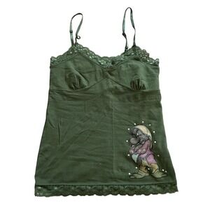 Disneyland Tank Top Olive Green Sleepy Rhinestone Lace Trim Cami